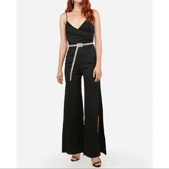 EXPRESS Satin Surplice Split Leg Jumpsuit